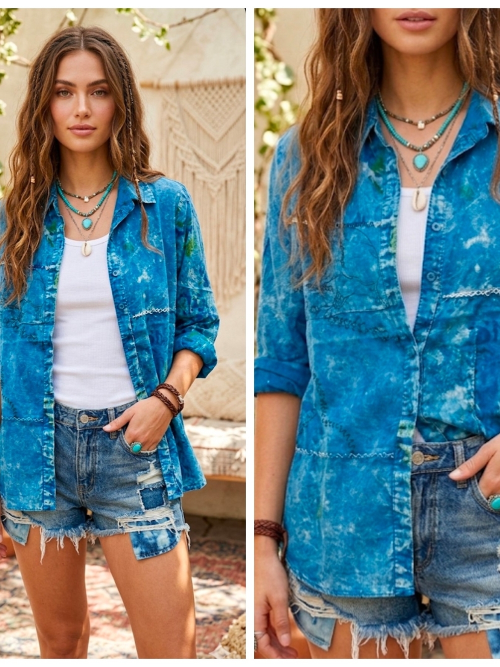 Washed Blue Button-Up Shirt Jacket - Women's